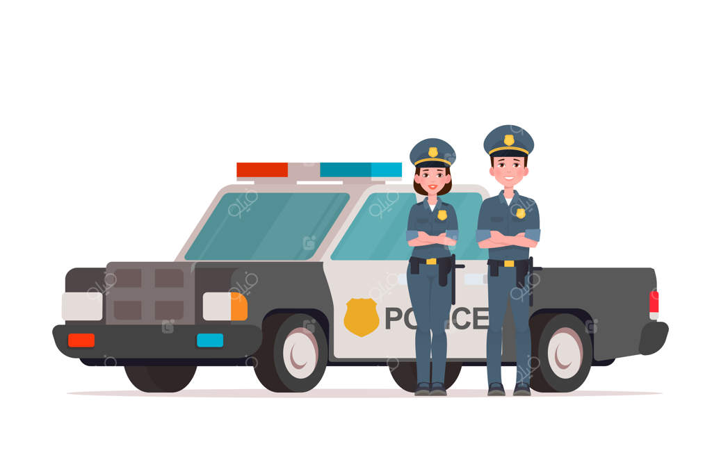افسران پلیس، مرد و زن، در نزدیکی ماشین پلیس ایستاده‌اند
