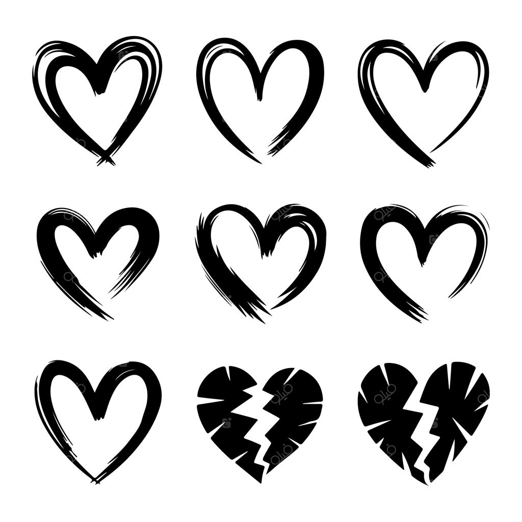 قلب‌های سیاه طراحی‌‌شده با دست روی پس‌زمینه سفید با اشکال و اندازه‌های متنوع