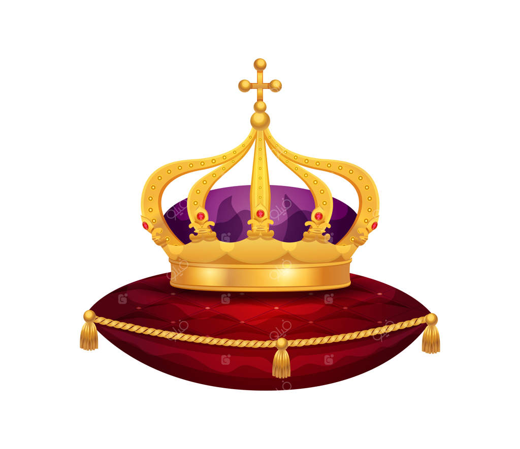 ترکیب تاج طلایی سلطنتی روی بالش مخمل قرمز