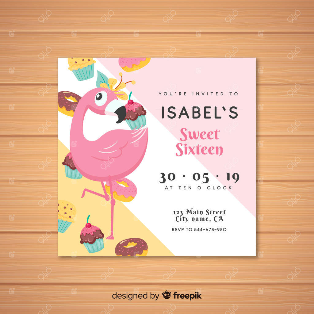 الگوی دعوت‌نامه جشن تولد شانزده‌سالگی با تم فلامینگو