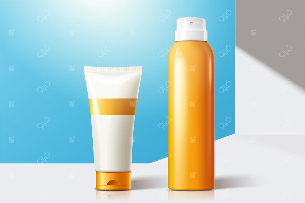 تصویر سه‌بعدی بطری‌های خالی اسپری آفتاب روی بالکن سفید و آسمان آبی