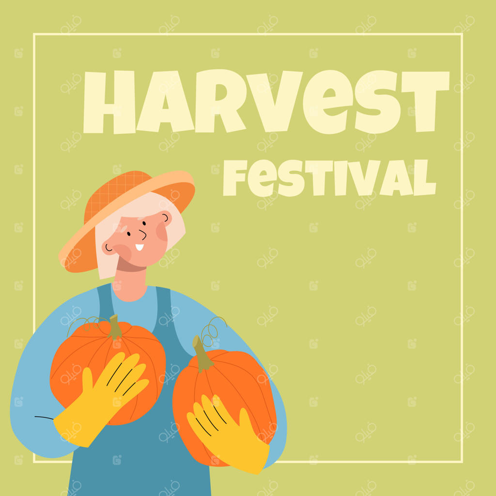 کشاورز زن با کلاه حصیری و کدو تنبل در دست‌هایش. مفهوم برداشت پاییزی، کشاورزی ارگانیک، باغبانی، باغ خانگی. پوستر جشنواره برداشت.