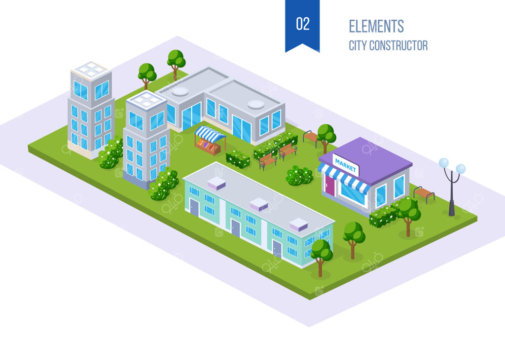 نمای ایزومتریک واقعی از شهر، کلان‌شهر با ساختمان‌های بلند، آسمان‌خراش‌ها، ساختمان مدرسه، زیرساخت‌های شهری و پارک.