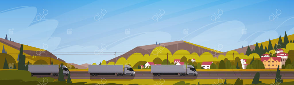 بنر افقی رانندگی کامیون‌های بزرگ در جاده‌های کوهستانی