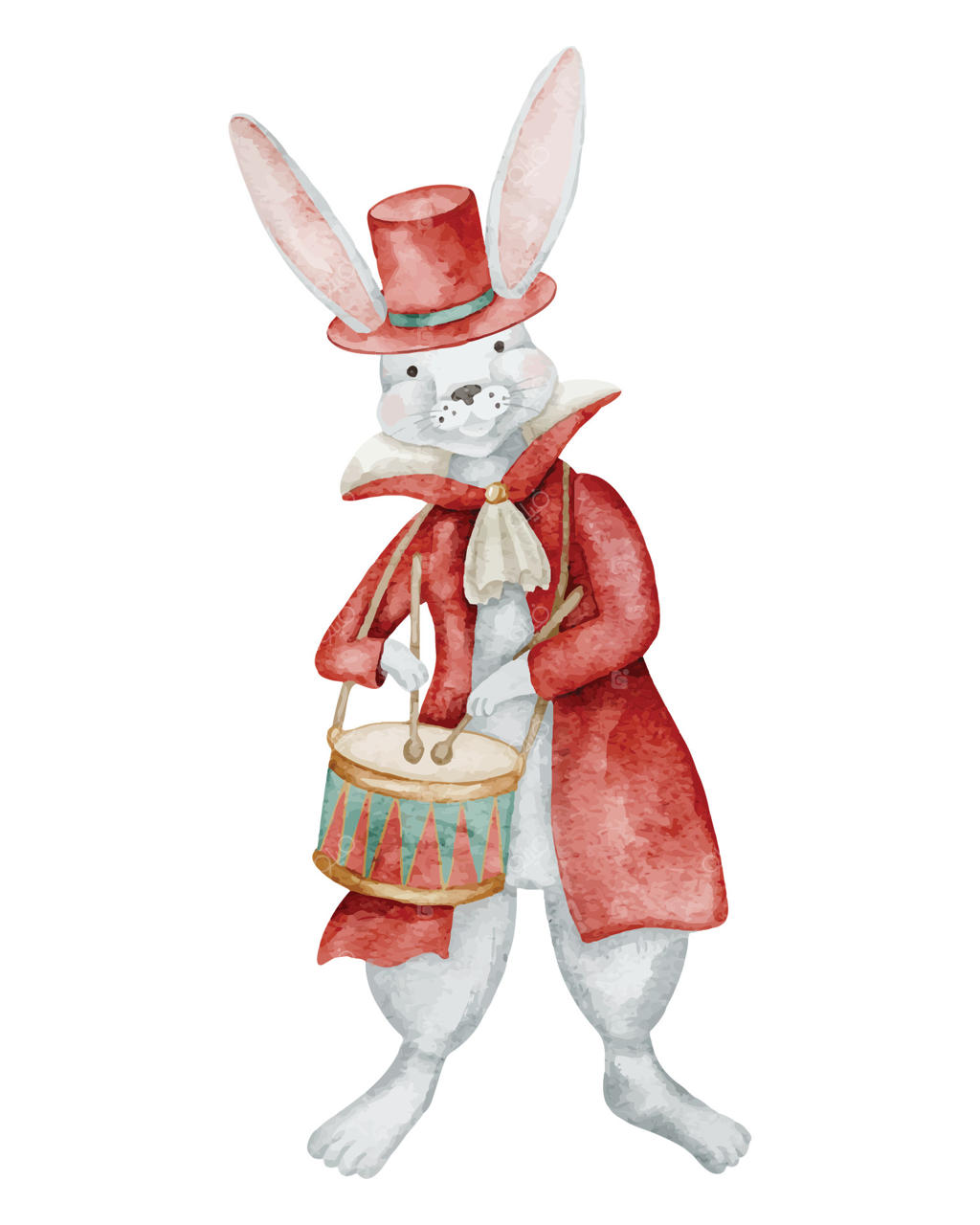 تصویر آبرنگی از خرگوشی به شکل یک بازیگر سیرک که در حال نواختن طبل است. خرگوش بامزه برای کارت‌های تبریک جشن نوزاد یا دعوت‌نامه‌های تولد کودکانه. نقاشی حیوان برای کارناوال کودکان.