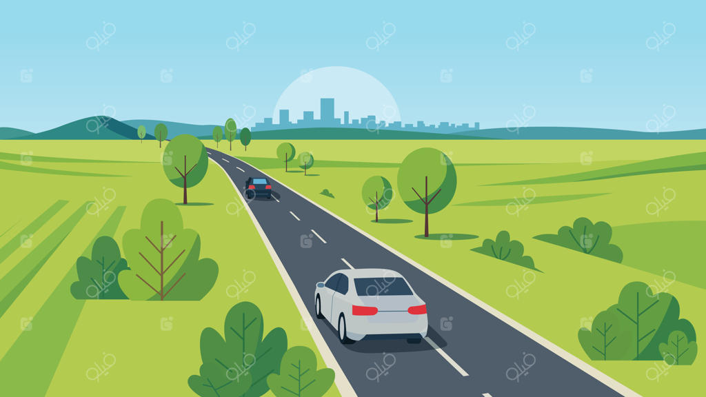 جاده‌ای روستایی به سوی شهری دور، با ماشین‌هایی که از میان دشت‌های سبز، تپه‌های مواج و درختان زیبا در زیر آسمان آبی عبور می‌کنند.