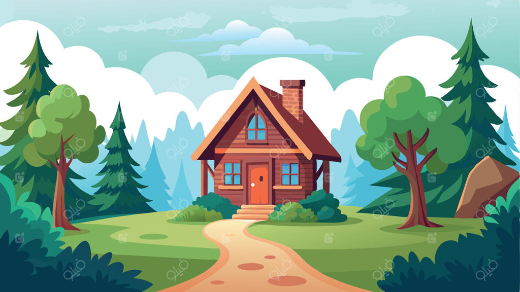 خانه‌ای با ایوان و دودکش در جنگل