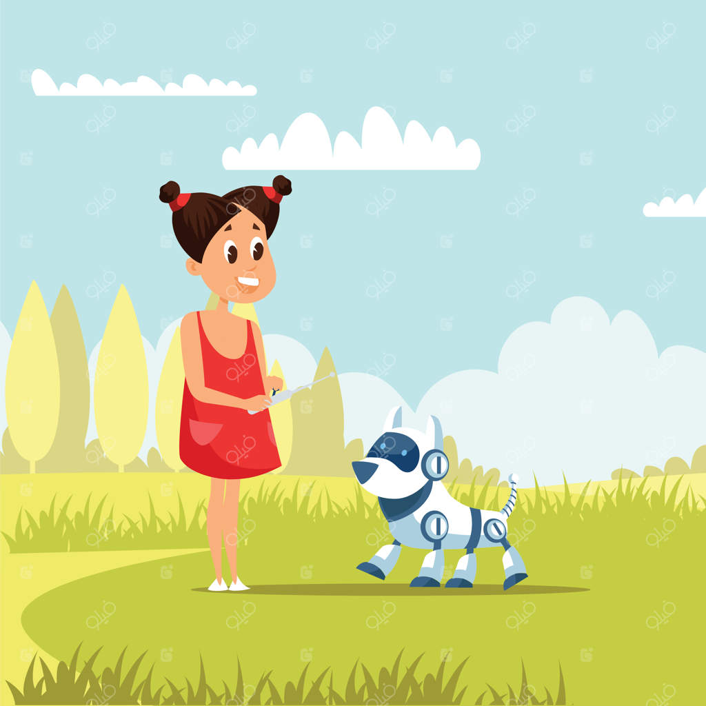 دختر بچه با ربات حیوان خانگی و کنترل از راه دور در حال بازی در فضای باز - سرگرمی پیشرفته در دوران کودکی