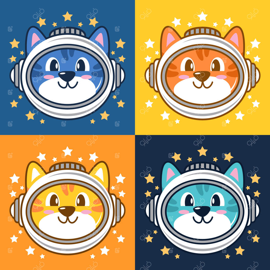 طرح کارتونی وکتور تخت مجموعه‌ای از گربه‌های بامزه با کلاه فضانوردی