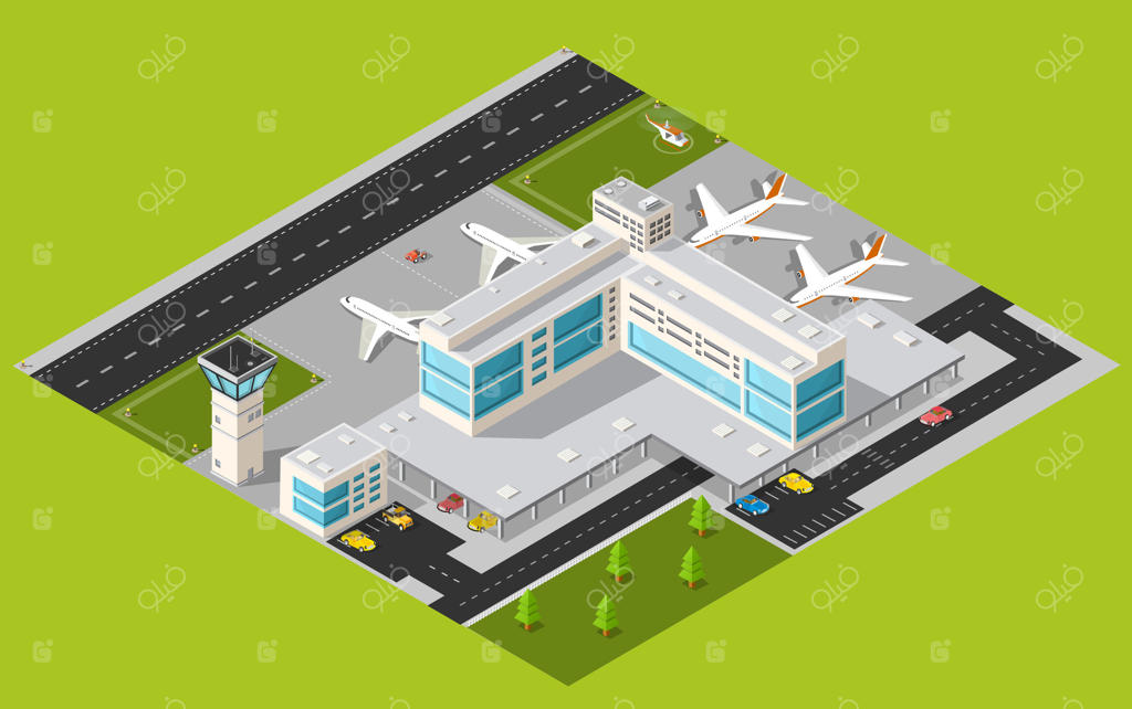 ساختمان فرودگاه با هواپیماها و خودروها