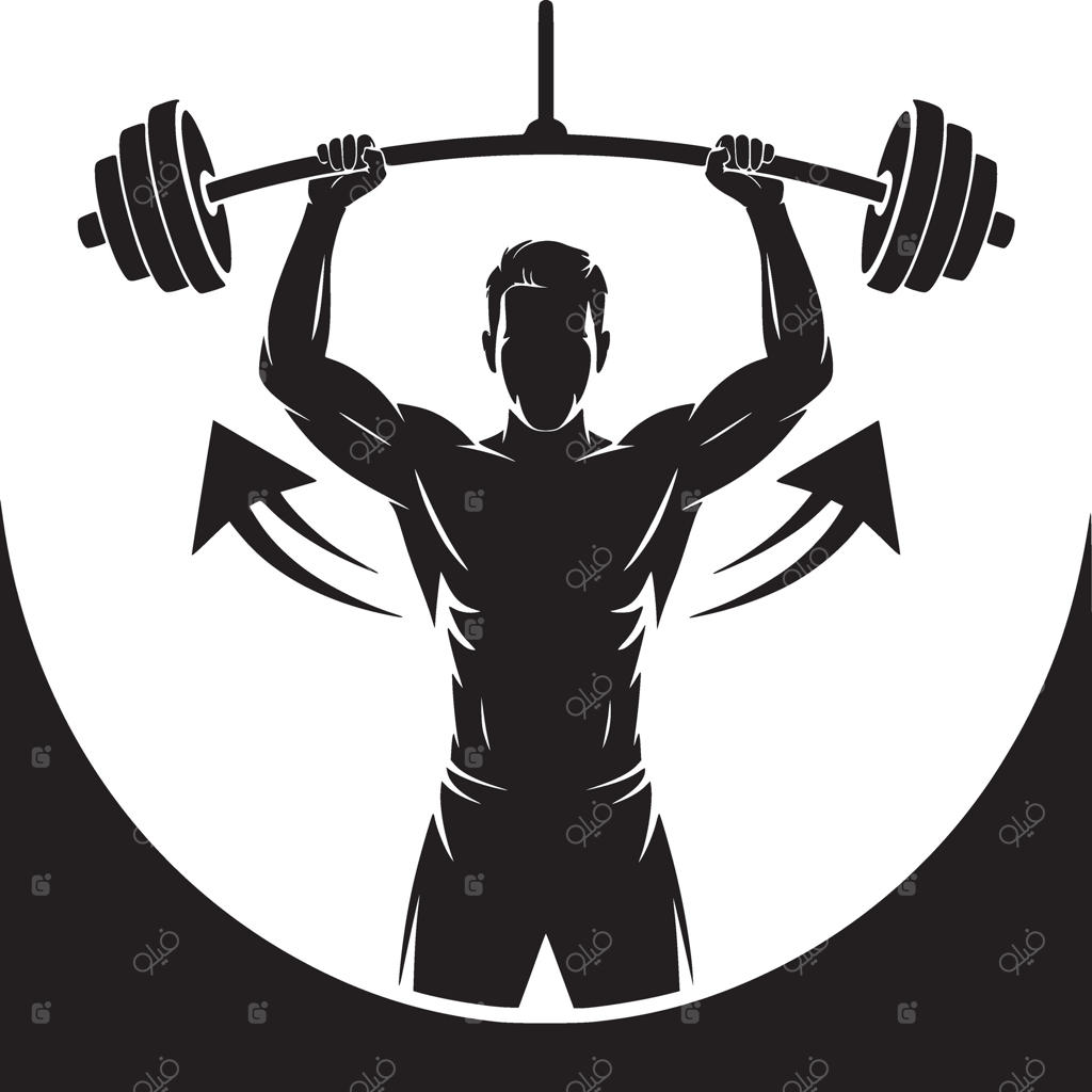 سایه‌نمای مرد عضلانی در حال بلند کردن هالتر با پیکان‌هایی که حرکت را نشان می‌دهند در طراحی سیاه و سفید