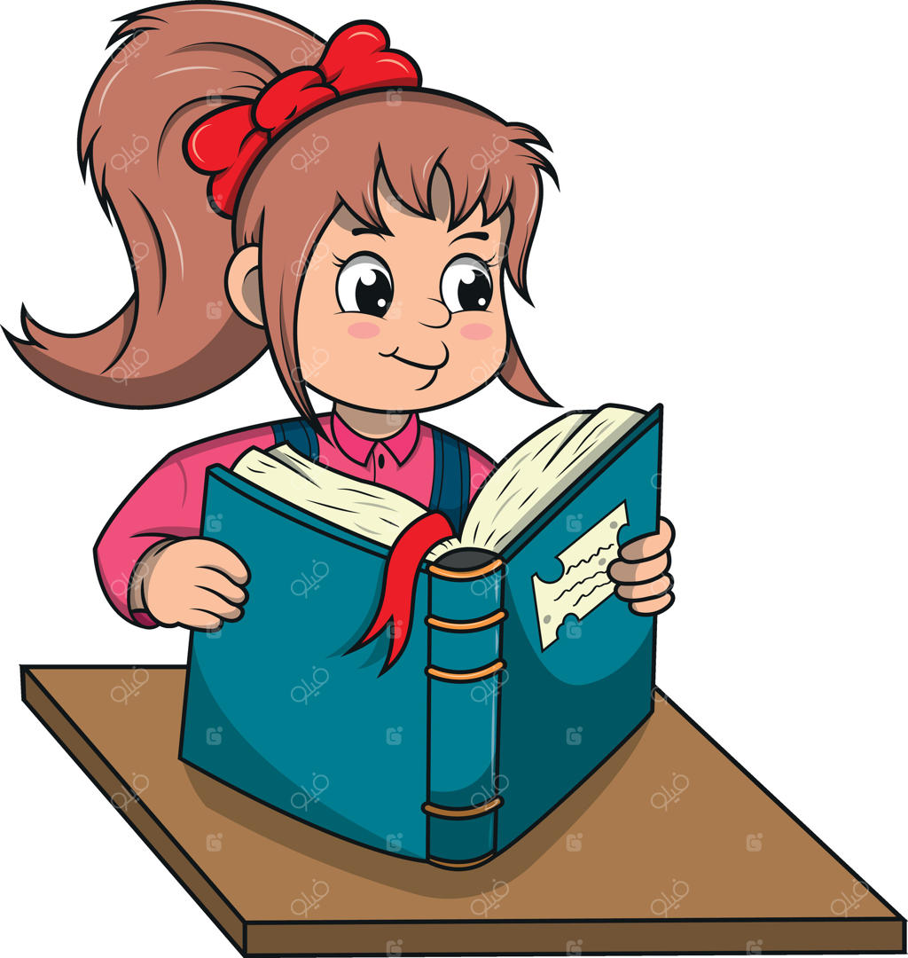 دختربچه کارتونی بامزه غرق در مطالعه کتابی جذاب؛ الهام‌بخش تخیل و عشق به کتابخوانی، مناسب برای محتوای آموزشی و کودکان