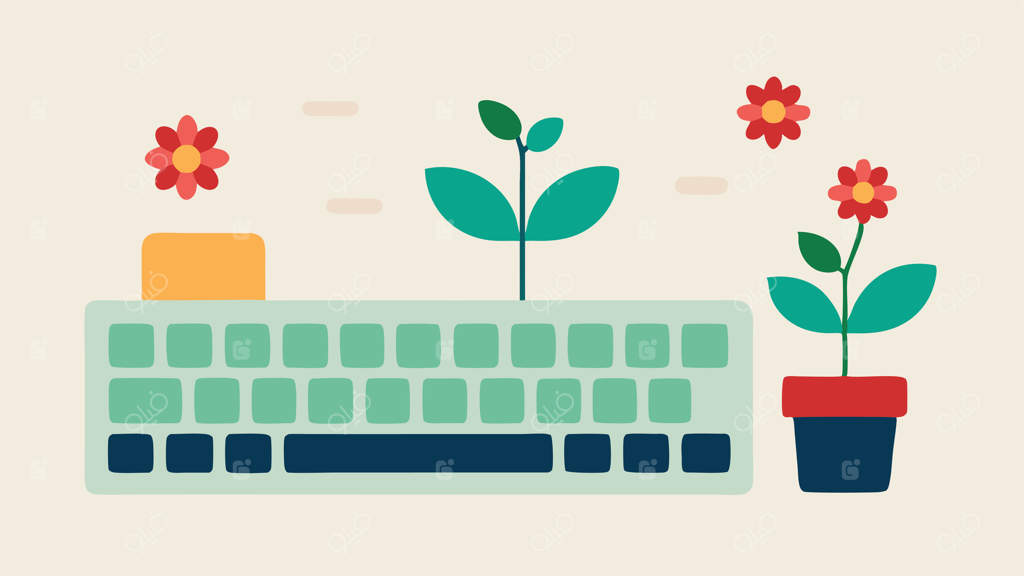 کیبورد به‌سان باغچه: نمای بالای یک کیبورد کامپیوتر که کلیدهای آن با گیاهان گلدار مختلف جایگزین شده‌اند. کلید شیفت به عنوان یک گلدان بزرگتر در نظر گرفته شده است، در حالی که حروف دیگر نیز گل شده‌اند.
