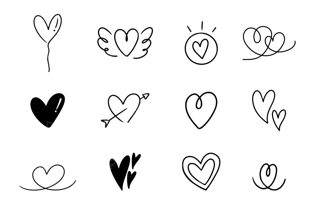 طرح دستی و کارتونی قلب به سبک دودل (Doodle) با خطوط مشکی، مناسب برای طراحی و ولنتاین