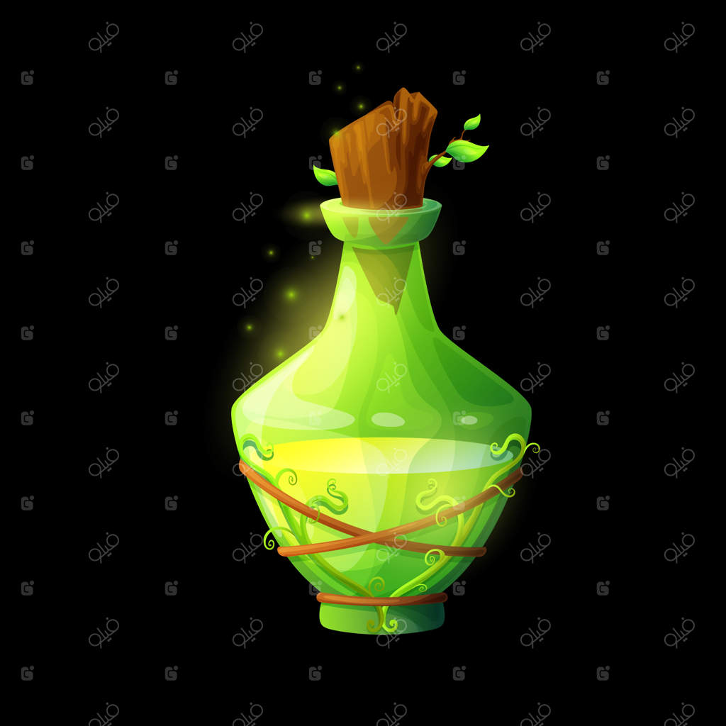 بطری معجون با انرژی طبیعت - تصویر کارتونی از شیشه‌ای با درخشش سبز و اکسیر جادویی - قدرت زمین، افسون جادوگر در ظرف بلوری با ریشه‌های گیاه یا تاک - زهر درخشان جادوگر برای بازی‌های ویدیویی