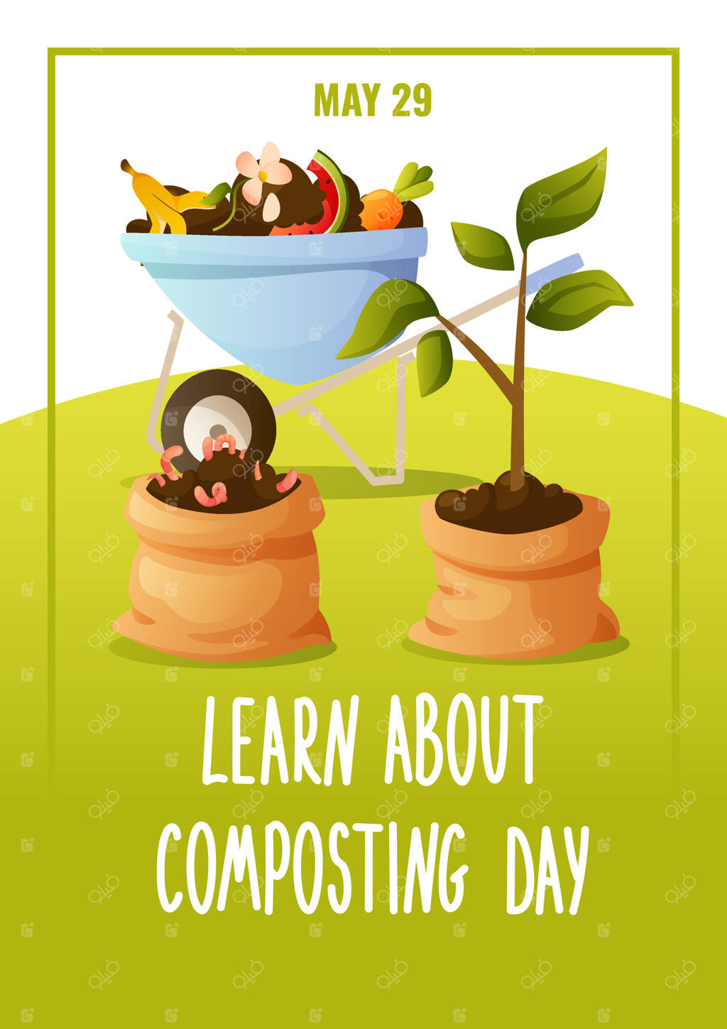پوستر دعوت‌نامه، روز جهانی کمپوست، ۲۹ می. بازیافت زباله‌های ارگانیک آشپزخانه و مواد غذایی. فرغون باغبانی با کمپوست. کیسه خاک غنی‌شده، نهال درخت، باغبانی، کشاورزی.