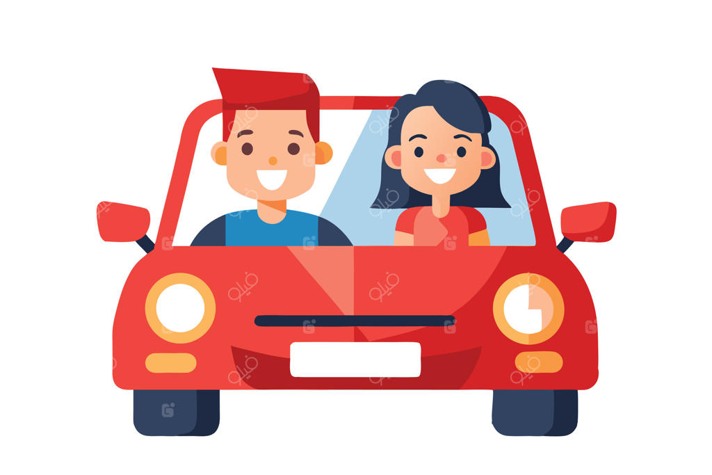 زوج خوشحال در حال لذت بردن از سواری در یک خودروی قرمز در یک روز آفتابی