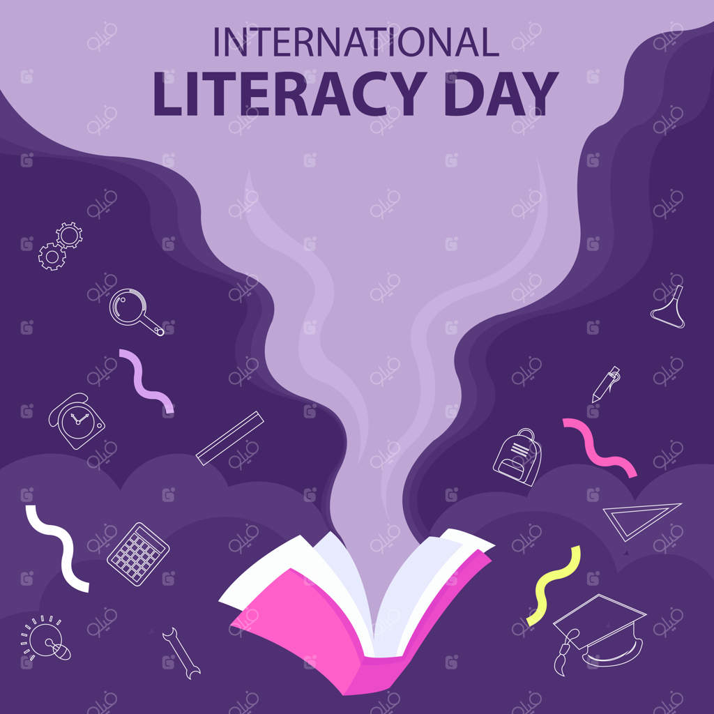 تصویر وکتور گرافیکی کتاب باز با دود بیرون می‌آید که ملزومات مطالعه را نشان می‌دهد