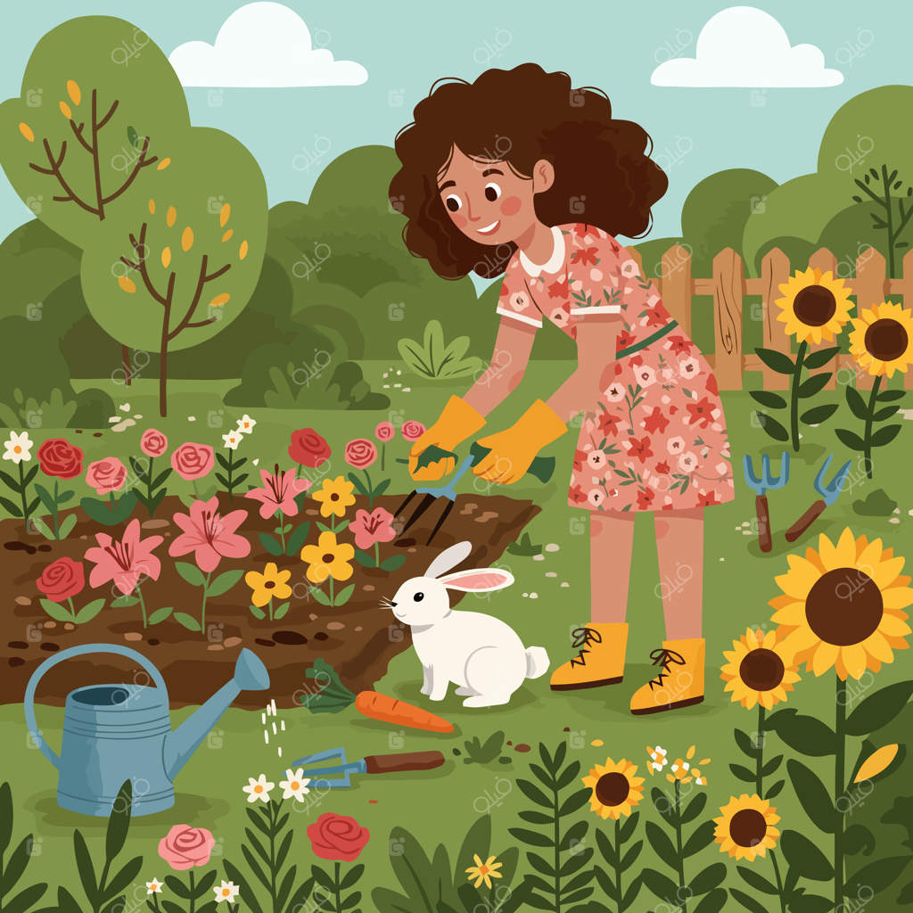 زنی در حال باغبانی میان گل‌ها با خرگوش در باغ کارتونی سرسبز