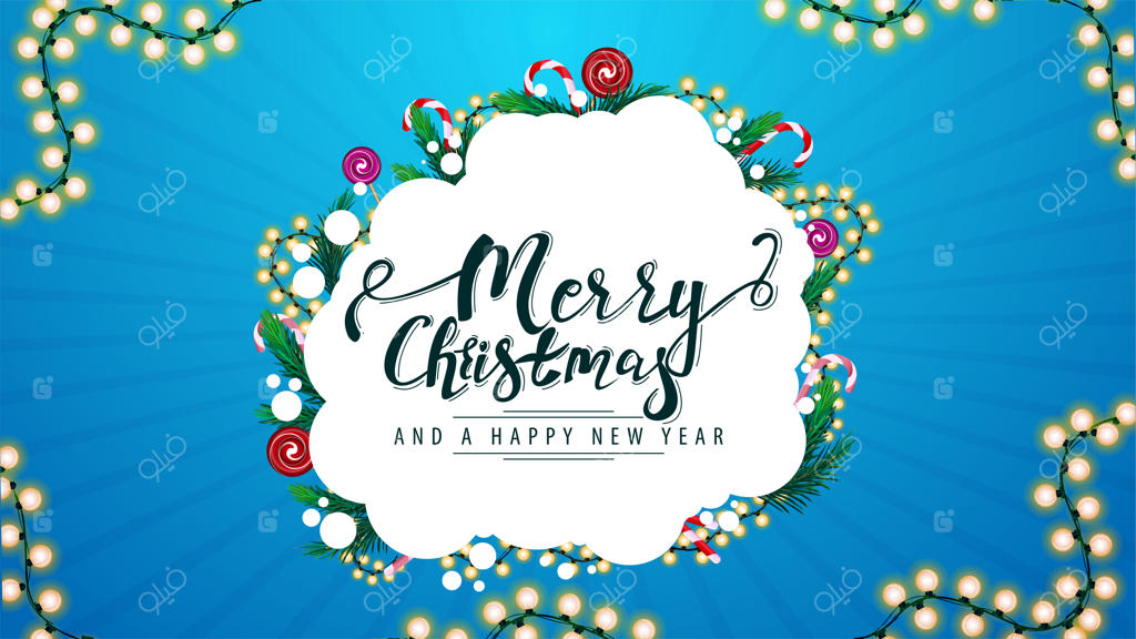 کریسمس مبارک و سال نو بر شما خجسته! کارت تبریک با طرحی انتزاعی، تزیین شده با شاخه‌های درخت کریسمس، آب‌نبات‌ها و ریسه‌ها