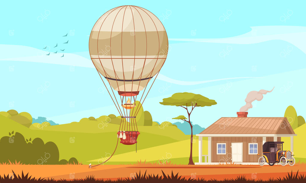 ترکیب حمل و نقل کلاسیک با منظره بیرونی: خانه‌ای با ماشین و بادکنک هوای گرم بسته شده به زمین