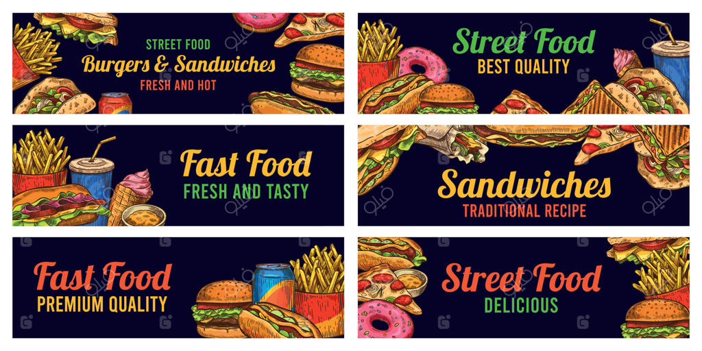 بنرهای فست فود: طراحی همبرگر، هات داگ، پیتزا و سیب زمینی سرخ کرده، برگر، دونات و نوشابه، مجموعه تبلیغاتی رستوران.