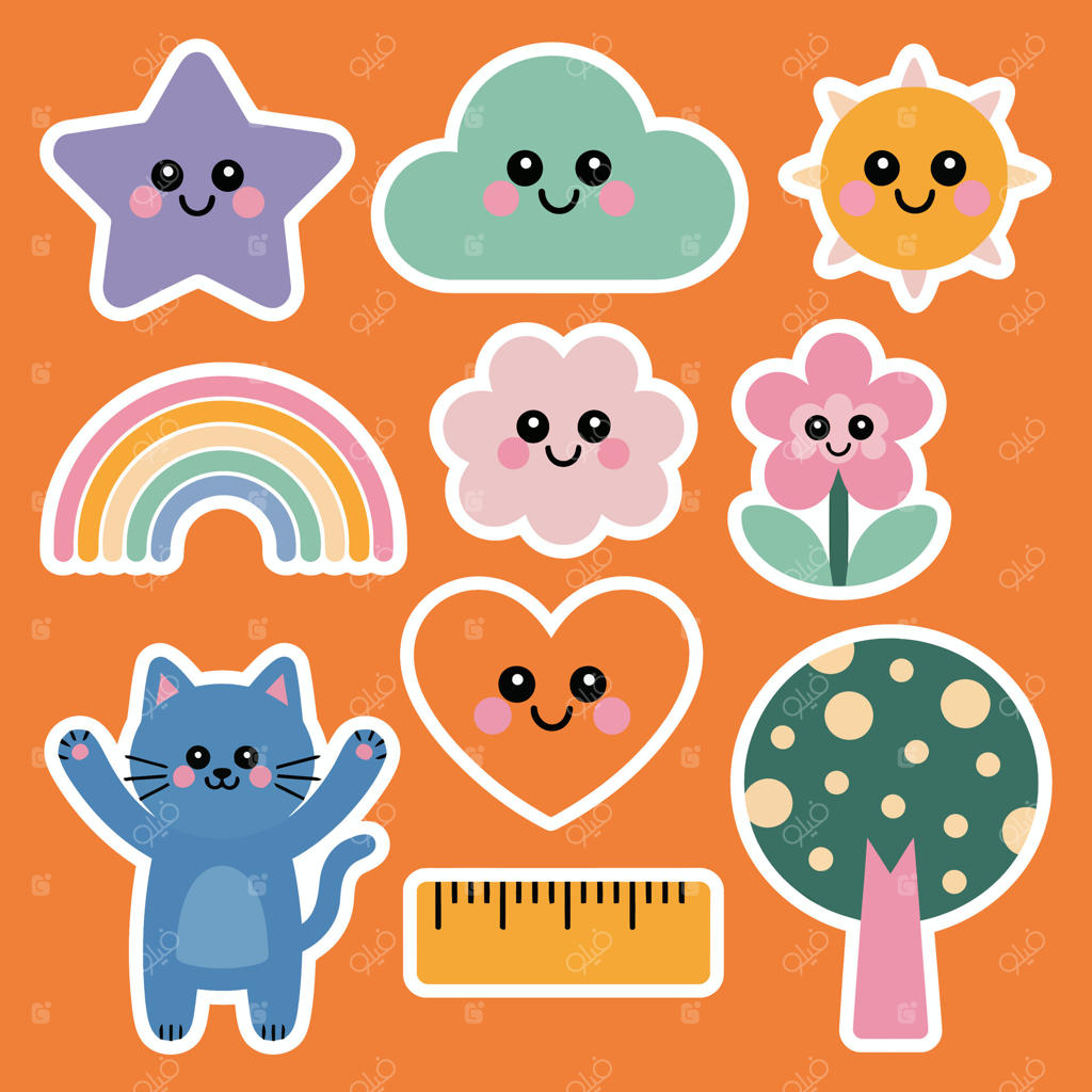 مجموعه آیکون شادی‌آور کاوایی با رنگین‌کمان، خورشید، ابرها، ستاره، گربه، قلب، گل، درخت و خط‌کش