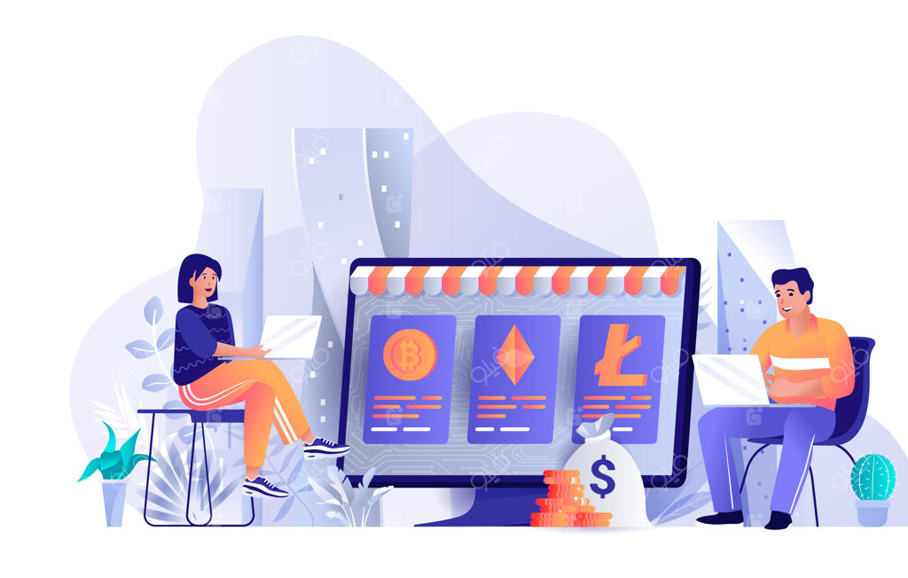 تصویرسازی مفهومی طراحی تخت بازار ارزهای دیجیتال با کاراکترهای انسانی