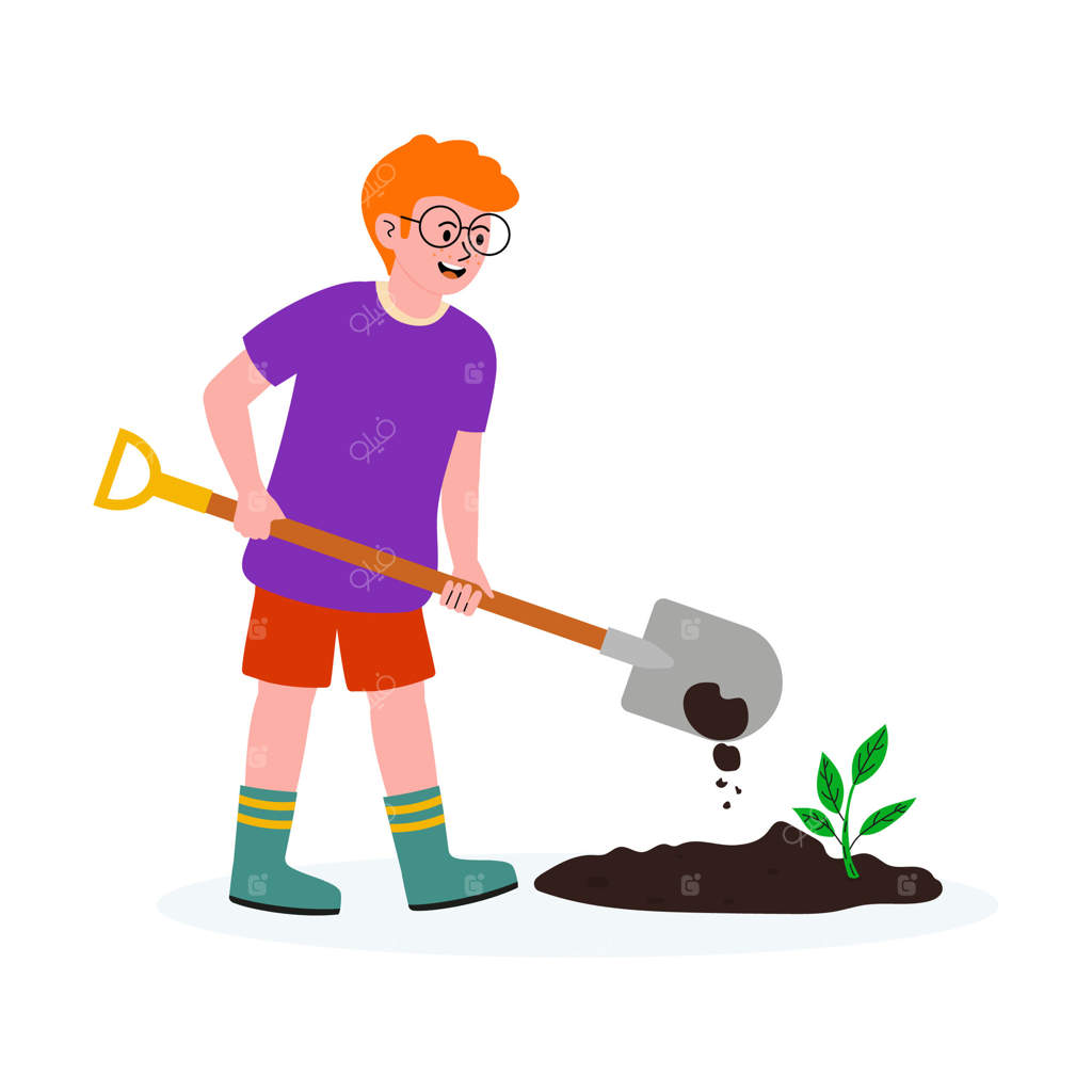 پسر بچه‌ای با خوشحالی نهال درختی را در باغچه در روزی آفتابی می‌کارد