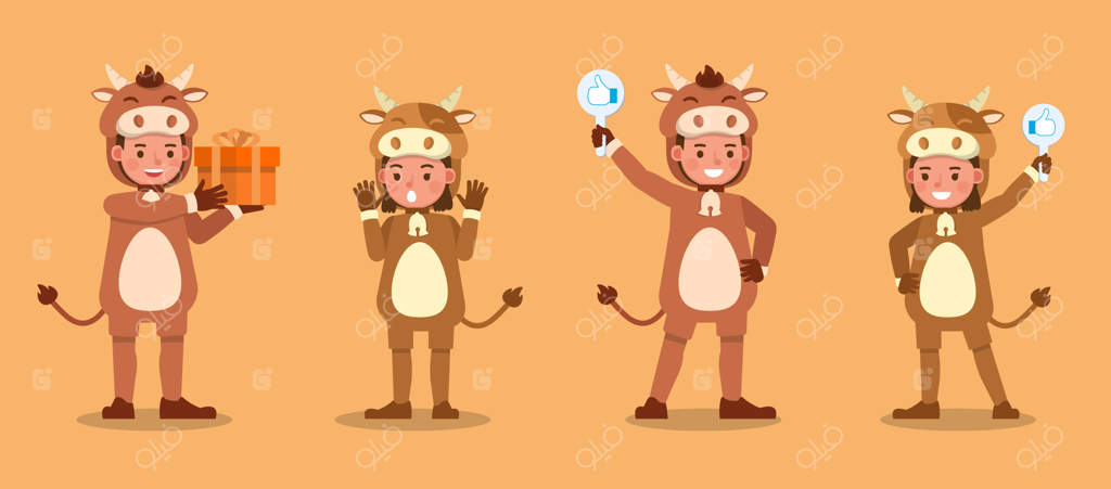 پسر و دختر در لباس گاو. ارائه شخصیت در حالت‌ها و احساسات مختلف.