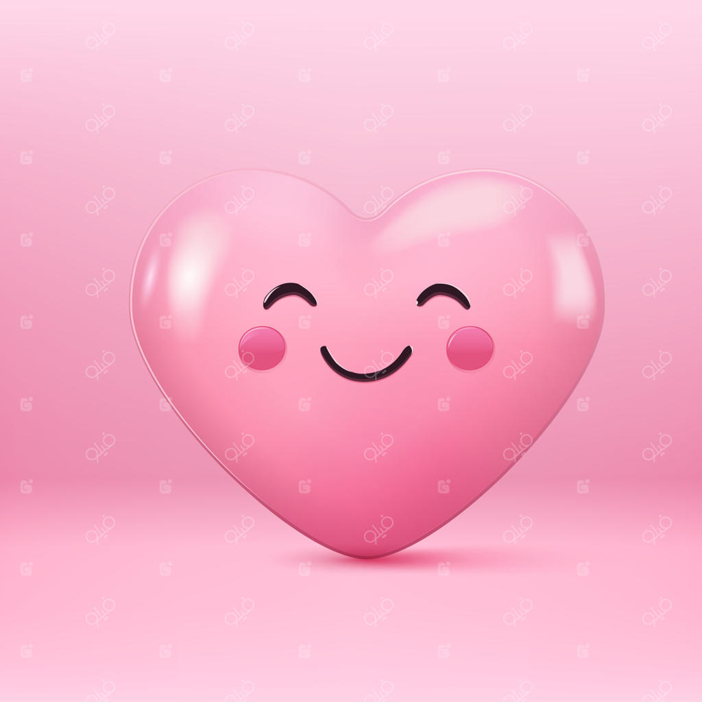 قلب صورتی بامزه با لبخند و گونه‌های گلگون روی پس‌زمینه صورتی
