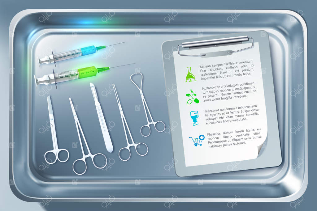 تصویر مفهومی ابزارهای پزشکی با سرنگ‌ها، انبرک، چاقوی جراحی، قیچی و تخته یادداشت در دستگاه استریل کننده