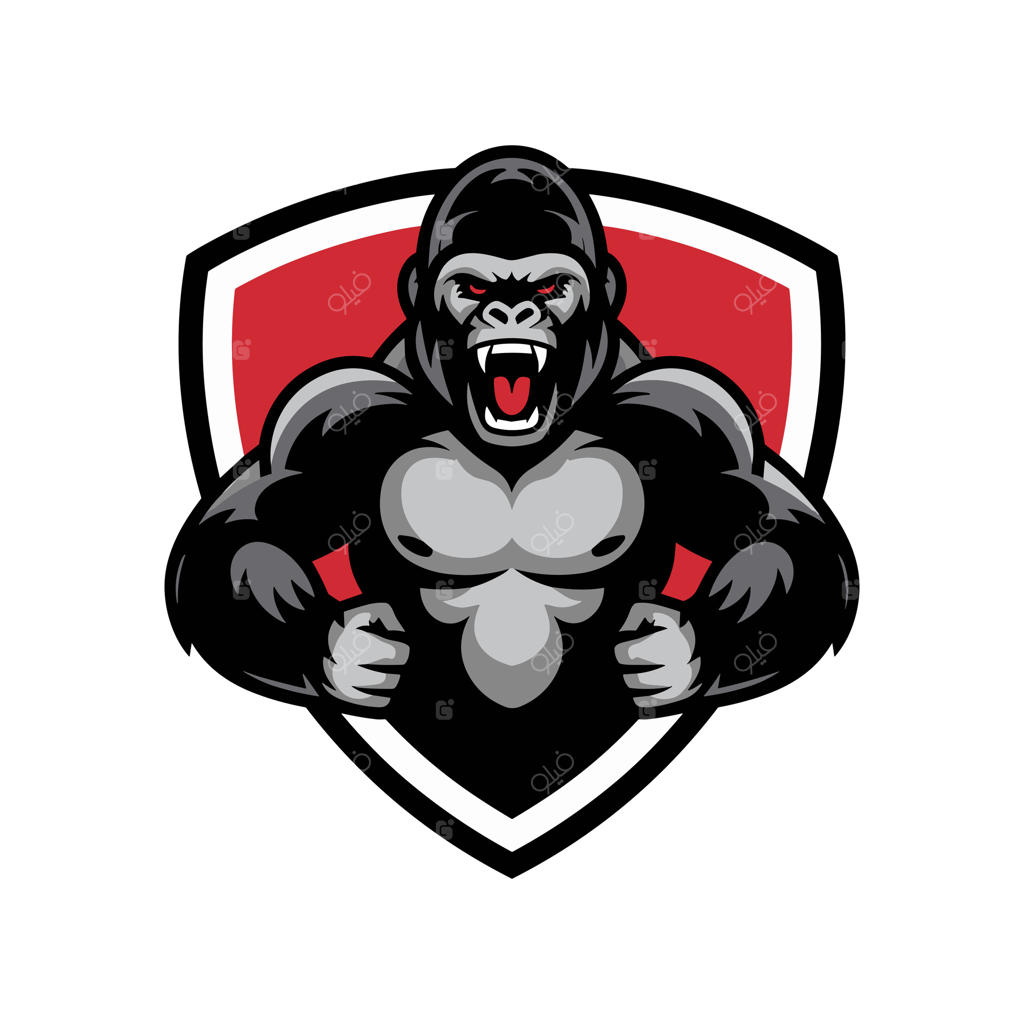 لوگوی شگفت‌انگیز گوریل خشمگین با دندان‌ نمایان در پس‌زمینه سپر