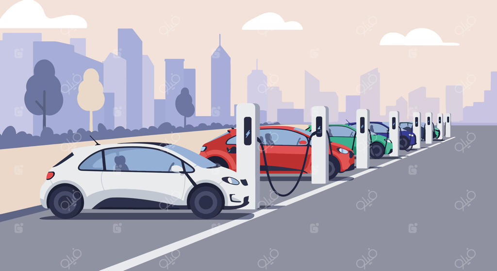 شارژ شدن ماشین‌های برقی در ایستگاه شارژ خیابانی در یک ردیف.