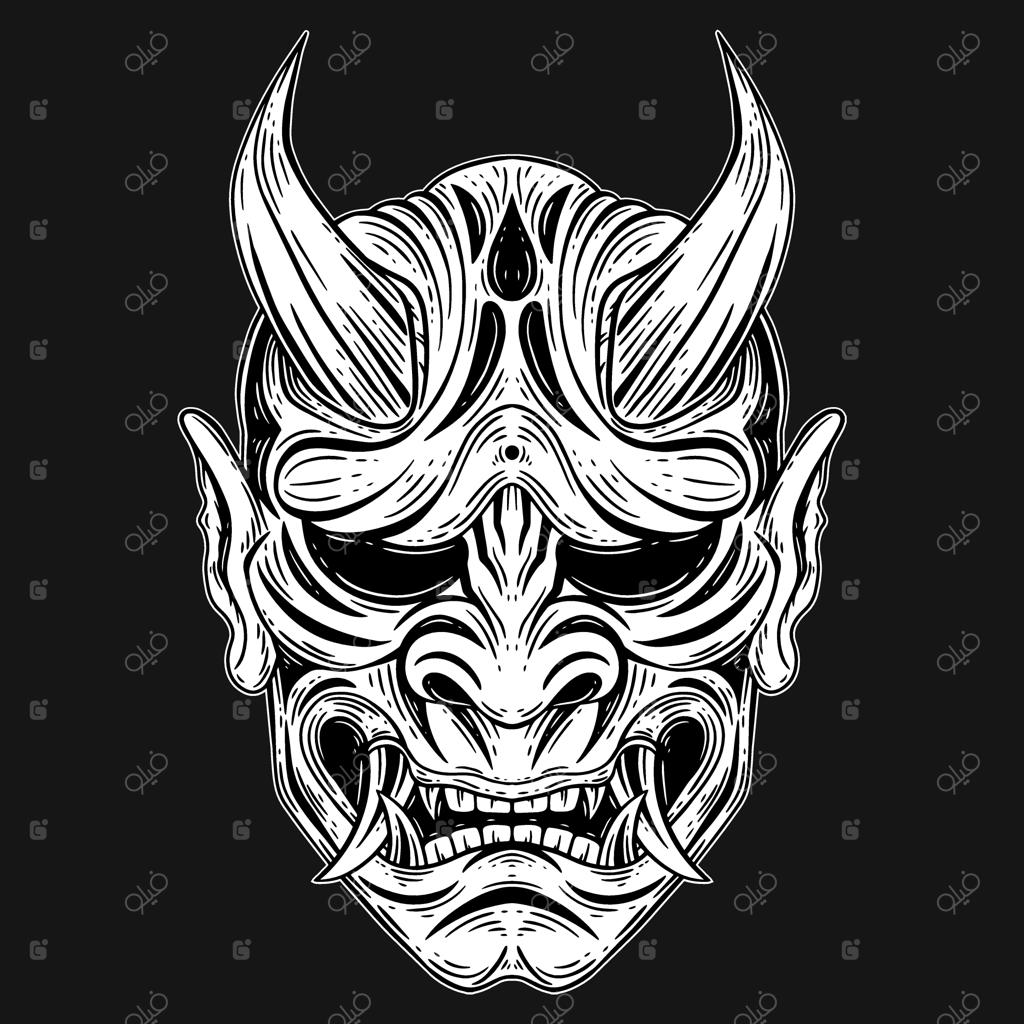 تاتوی ماسک شیطان اونى ژاپنی به سبک طراحی دستی و حکاکی