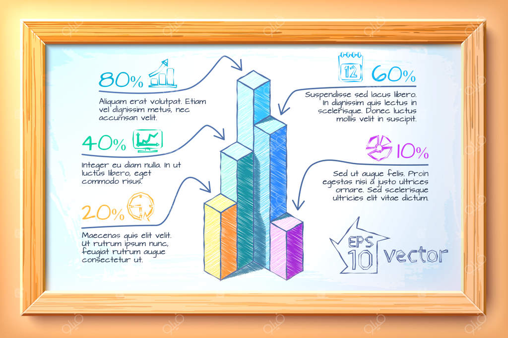 اینفوگرافیک کسب‌وکار با نمودارهای رنگی پنج گزینه‌ای و آیکون‌ها در قاب چوبی - تصویرسازی