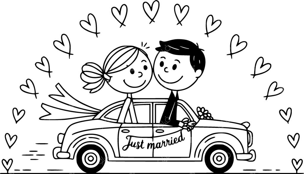 عروس و داماد خندان در ماشین عروسی با تزئینات گل