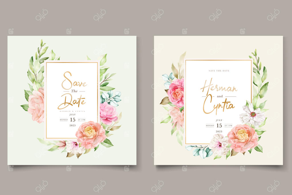 مجموعه کارت دعوت عروسی با طرح گل‌ها و برگ‌های آبرنگی