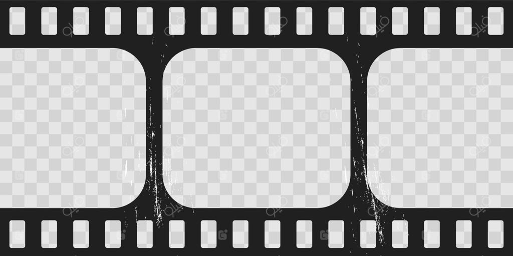 قاب سینمایی قدیمی، نوار فیلم. قالب خالی وینتیج با اسلاید. حاشیه نوار با سیلوئت بافت‌دار و کهنه. حلقه فیلم روی پس‌زمینه شفاف