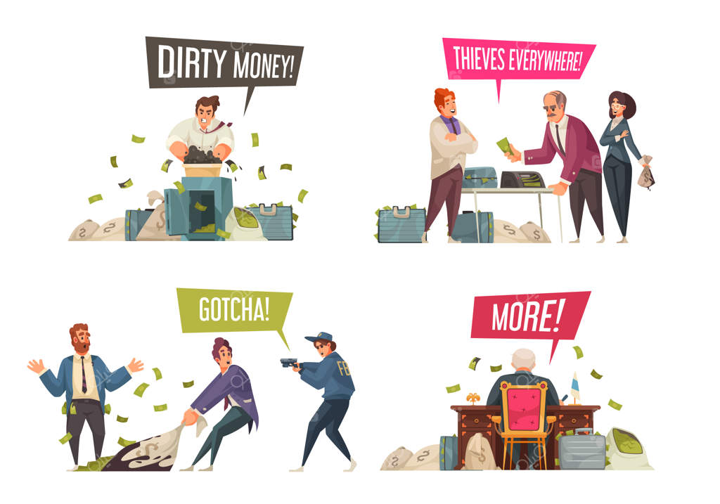 پول کثیف و شستشوی آن: مفهومی از فعالیت‌های غیرقانونی با ۴ کاریکاتور خنده‌دار از دزدی و فساد