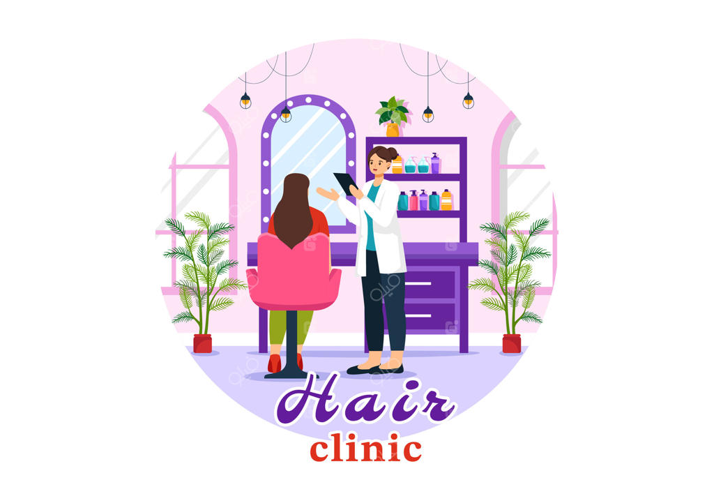 تصویرسازی کلینیک مو با آرایشگر، کوتاه کردن مو، مراقبت از مو و مدل مو در سالن زیبایی یا آرایشگاه در پس‌زمینه کارتونی تخت