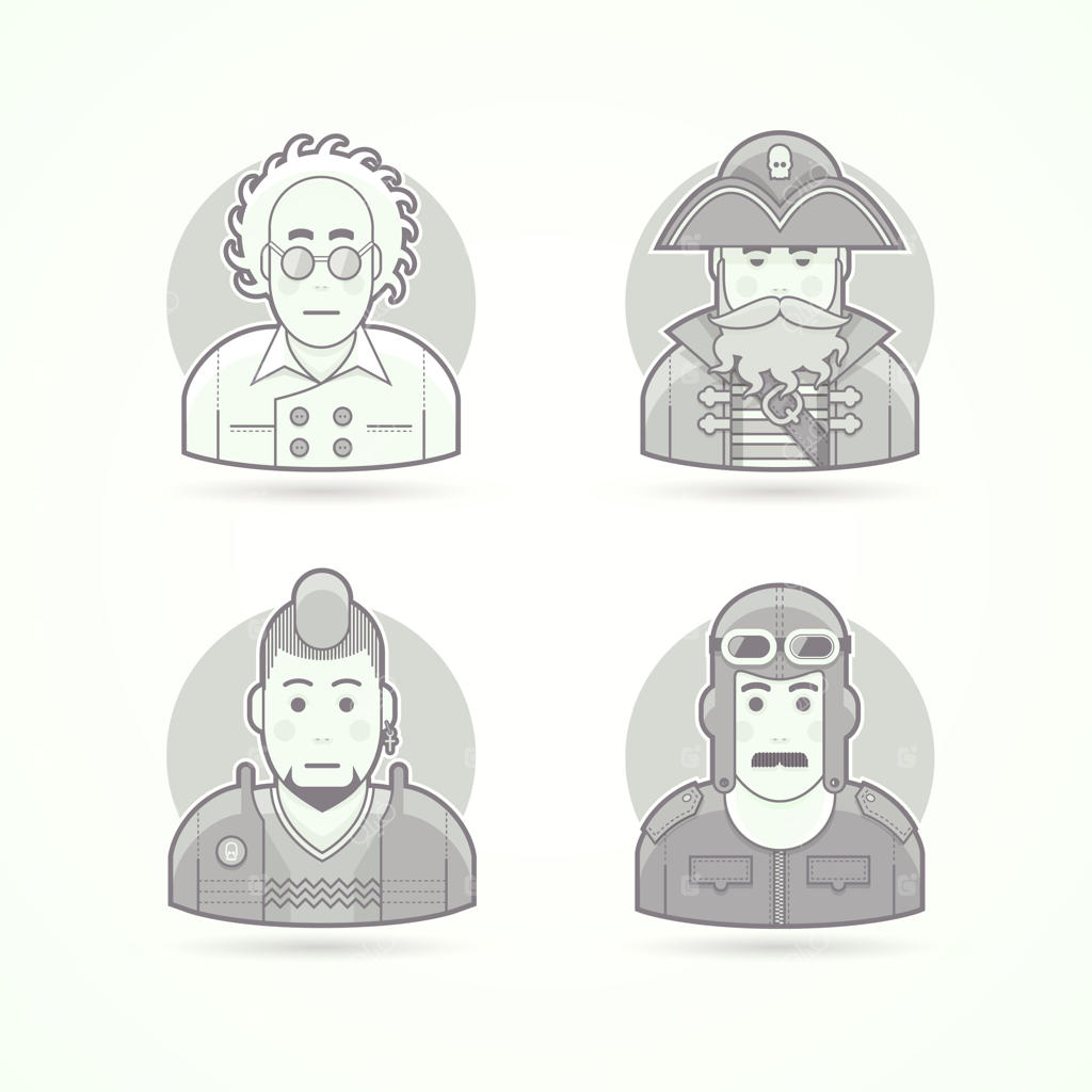 دانشمند دیوانه، دزد دریایی، طرفدار پانک، خلبان قدیمی؛ مجموعه‌ای از شخصیت‌ها، آواتارها و تصویرسازی‌های افراد. سبک خطی سیاه و سفید.