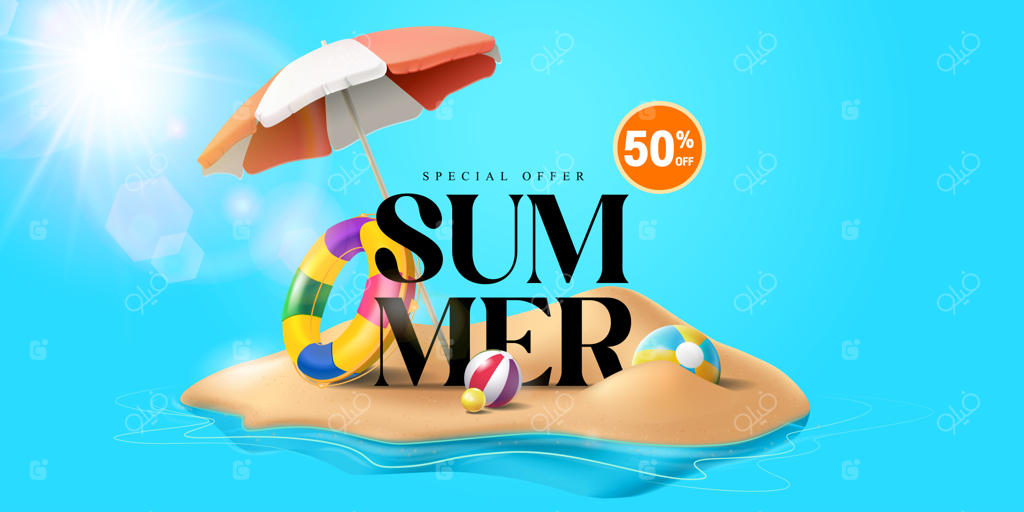 بنر حراج تابستانی ساحلی با چتر، نجات حلقه‌ای و اسباب‌بازی‌ها و ۵۰٪ تخفیف برای خرید آنلاین