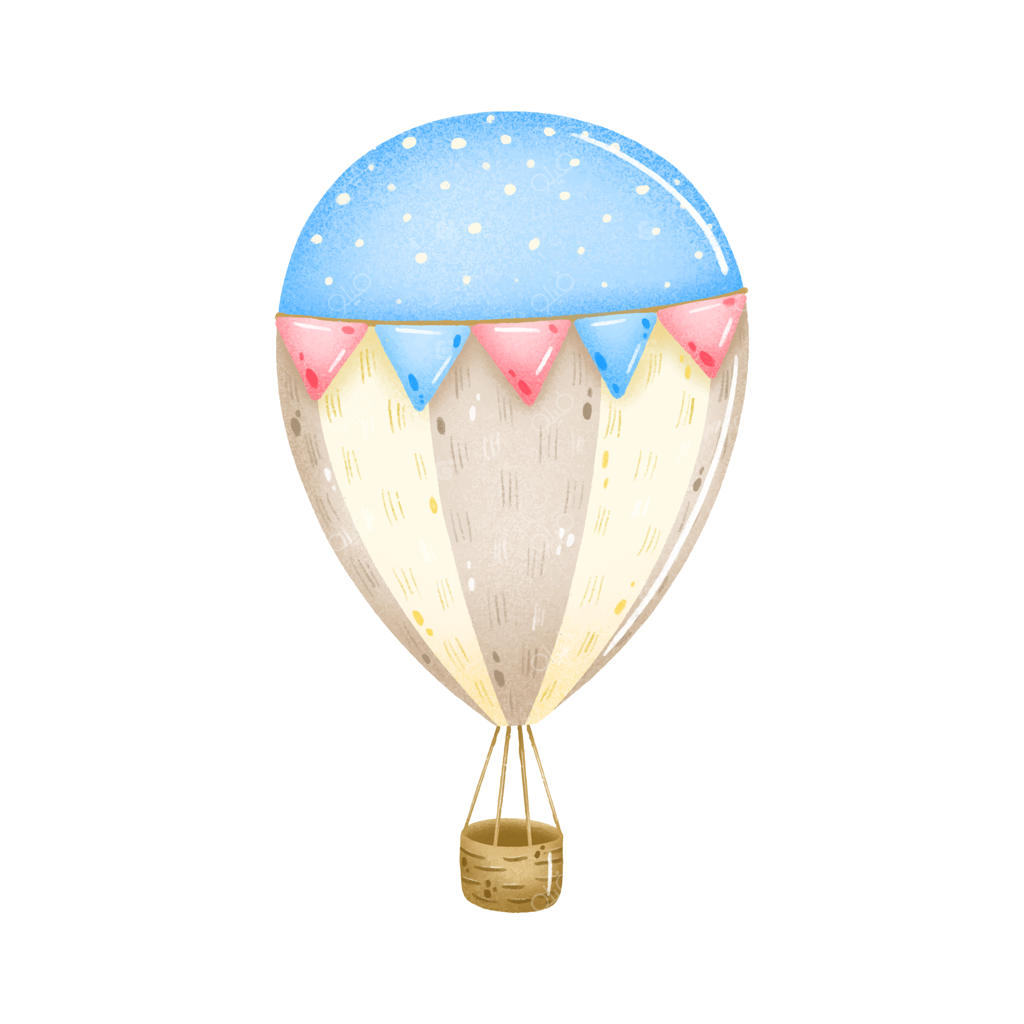 بالن هوای گرم کارتونی بامزه با رنگ‌های پاستلی و پرچم‌های صورتی و آبی