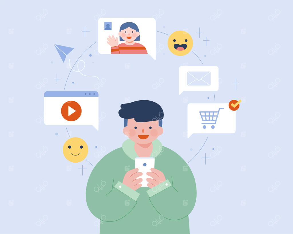 مردی در حال استفاده از اپلیکیشن‌های مختلف موبایل