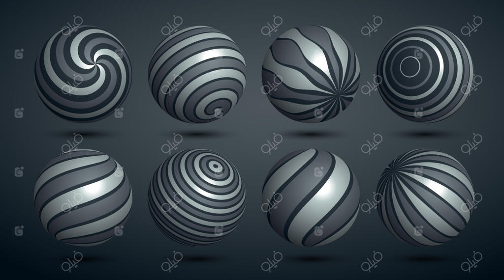 مجموعه‌ای از کره‌های انتزاعی: مجموعه‌ای از توپ‌های تزئین‌شده با الگوها، گلوب‌های واقع‌گرایانه با تنوع سه‌بعدی و زینت‌های خاص.