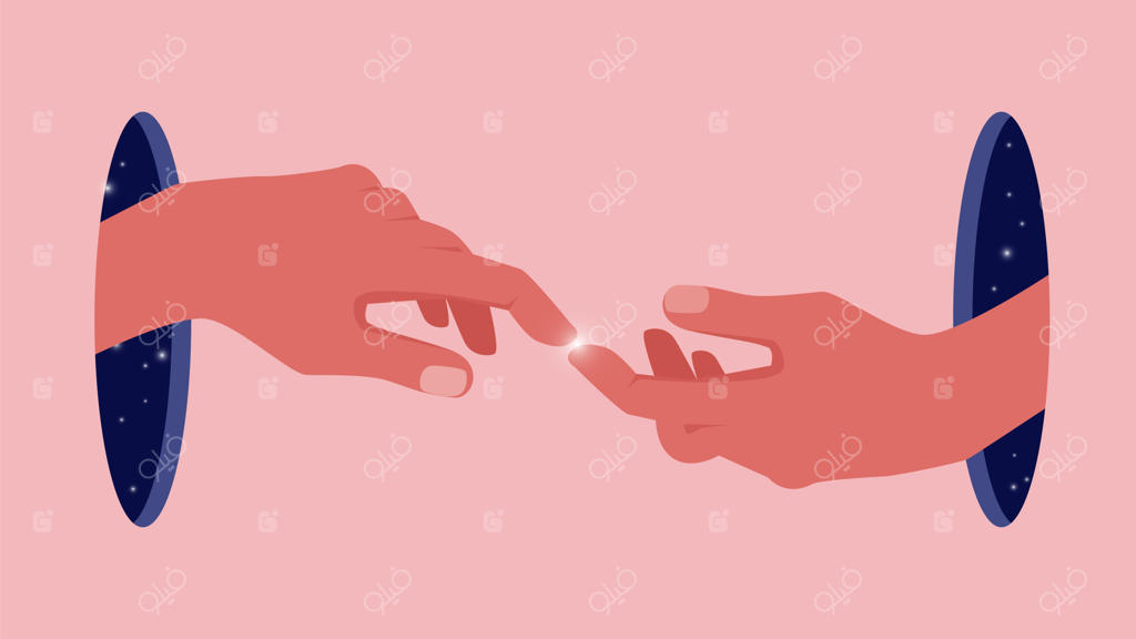 دست‌ها لمس تولد ستاره‌ی جدید از حفره‌ی کیهان - هنر معاصر انتزاعی برای حمایت و مراقبت از یکدیگر (طرح وکتور)