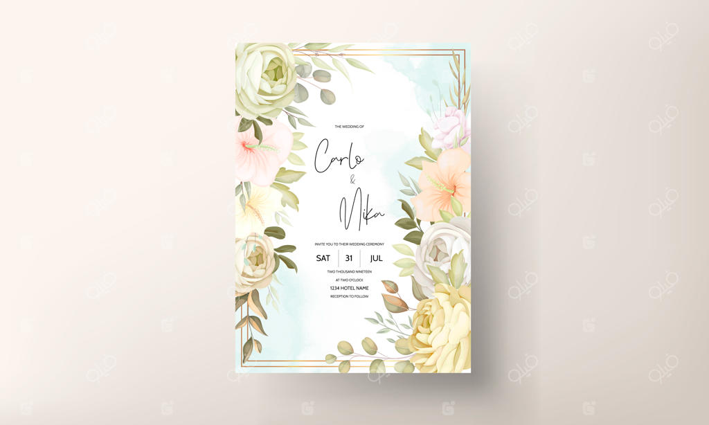 قالب کارت دعوت عروسی پاییزی با طرح گل‌های گرم