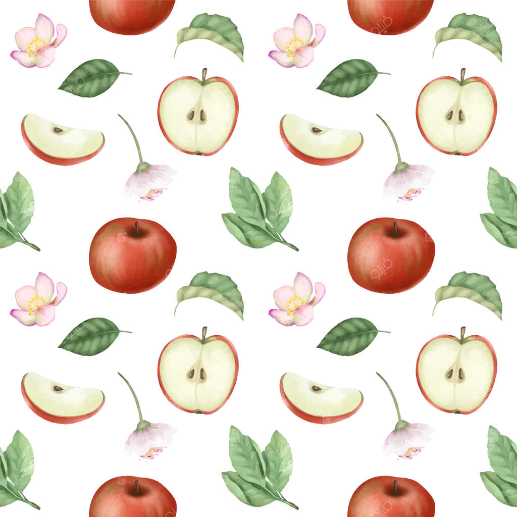 الگوی یکپارچه با سیب‌های قرمز رسیده، شکوفه‌ها و برگ‌های درخت سیب