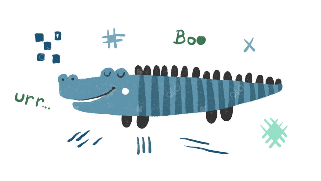 تصویرسازی ساده و کودکانه با تمساح بامزه، طرح گرافیکی بچگانه با خزنده وحشی و المان‌های متنی، طراحی فلت و استیکر کودک